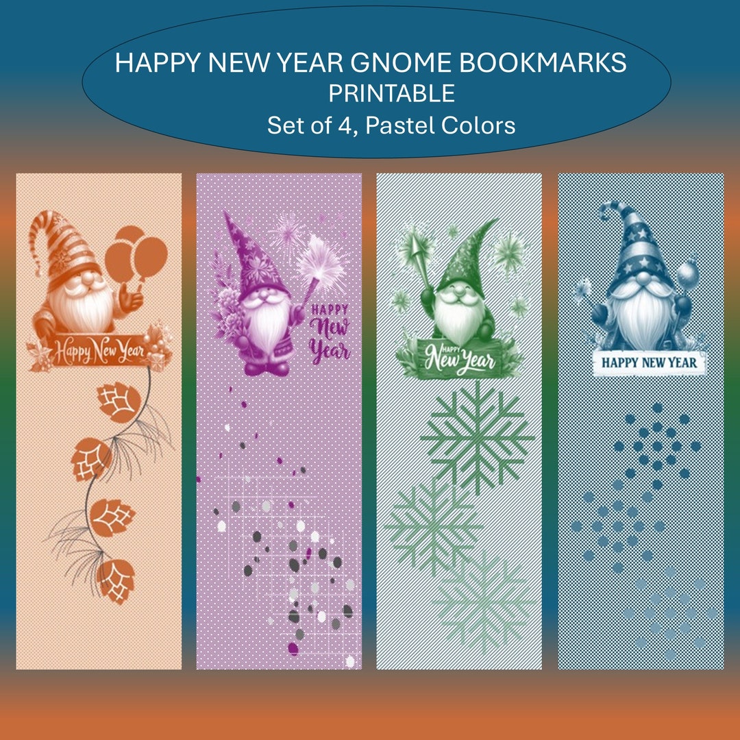 Happy New Year Gnome Bookmarks: Set of 4 Printable Favors (digital ...