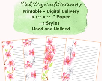 Pink Dogwood Stationary | 4 Styles | Lined and Unlined | Printable  | 8.5x11" | Digital Delivery | Side Bar Graphic