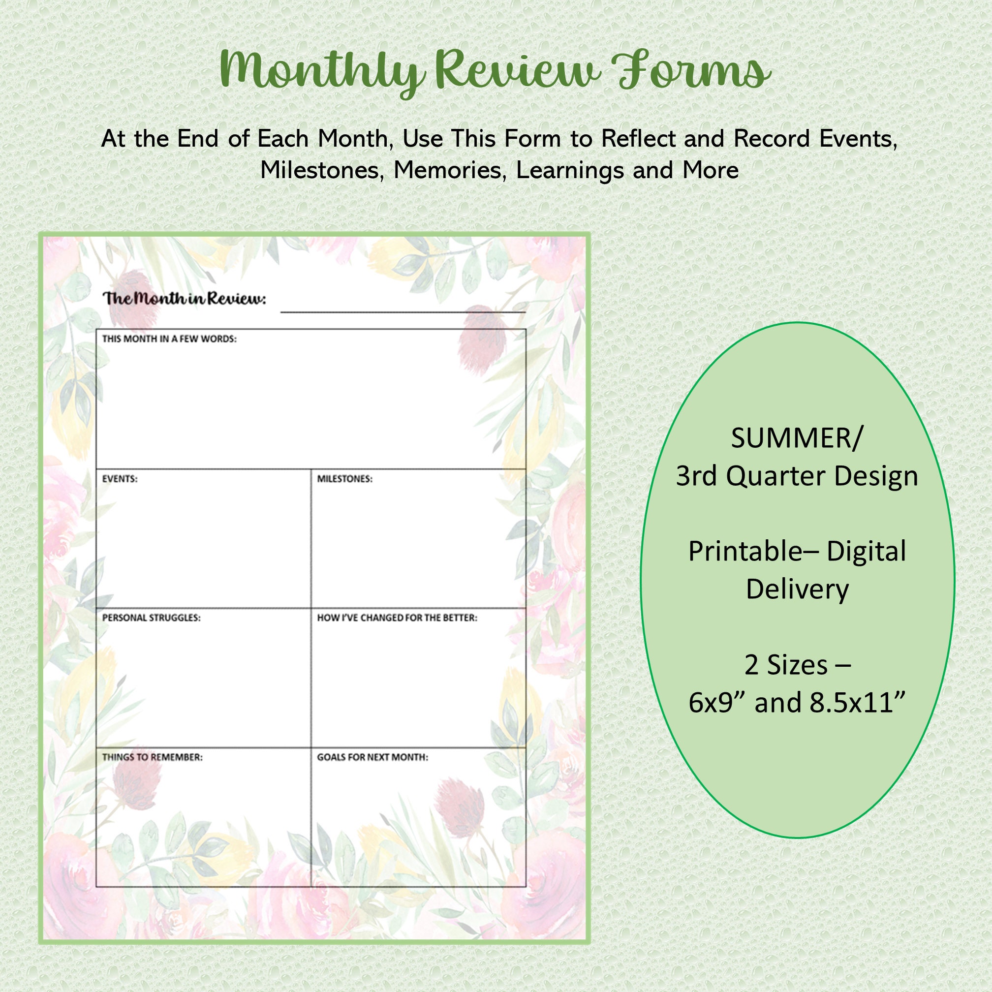 Monthly Review Sheets: Seasonal Designs, Life Tracking (printable PDF ...