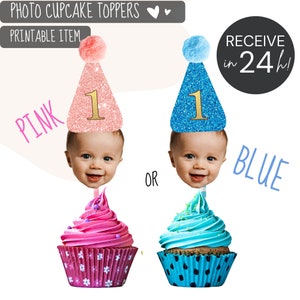 Topper per cupcake personalizzato con foto digitale glitterata, Topper per 1° compleanno, 2° e 3° compleanno, per neonato o ragazza, con foto di QUALSIASI ETÀ D2