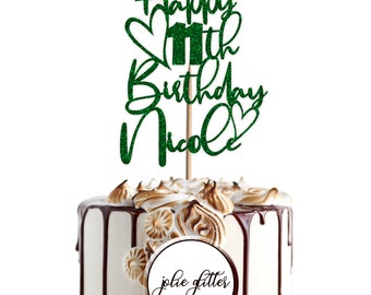 Topper Per Torta 11° Compleanno – Scritta Happy 11th Glitterata Con Stelle E Palloncino Coriandoli – Blu