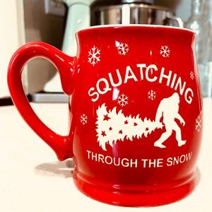 Bigfoot etched ceramic mug, Squatching through the snow, Etched Tea Cup, Etched ceramic mug, Personalized cup, Sandblasted mug.