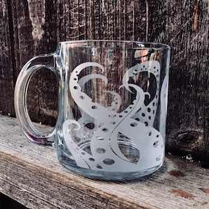 Etched 13oz clear glass mug. Octopus tentacle etched mug. Sandblasted mug, Octopus mug, custom glass mug, etched glass mug, Octopus cup.