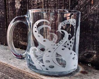 Etched 13oz clear glass mug. Octopus tentacle etched mug. Sandblasted mug, Octopus mug, custom glass mug, etched glass mug, Octopus cup.