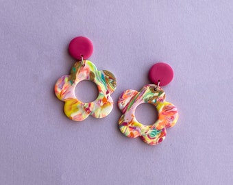 Lilly | Polymer Clay Statement Handmade Earrings | Flower Power |  Funky | Retro | Colorful | Multicolored