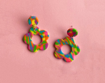 Lilly | Polymer Clay Statement Handmade Earrings | Flower Power |  Funky | Retro | Colorful | Multicolored