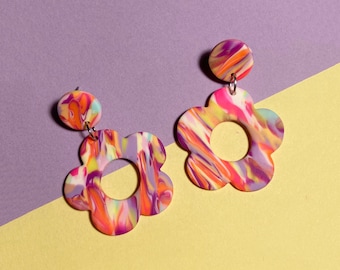 Lirio | Pendientes hechos a mano con declaración de arcilla polimérica | Poder de las flores |  De moda Retro Colorido | Multicolor