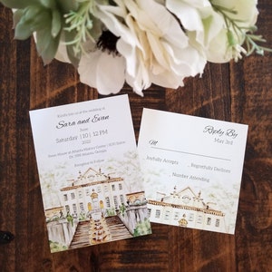 Custom Watercolor Wedding Invitations, Custom Watercolor Wedding Venue Invitation Set