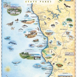 California Central Coast State Parks Carte dessinée à la main - Authentique 18x24 vintage Art mural-Lithographique| Encres à base de soja fabriquées aux États-Unis