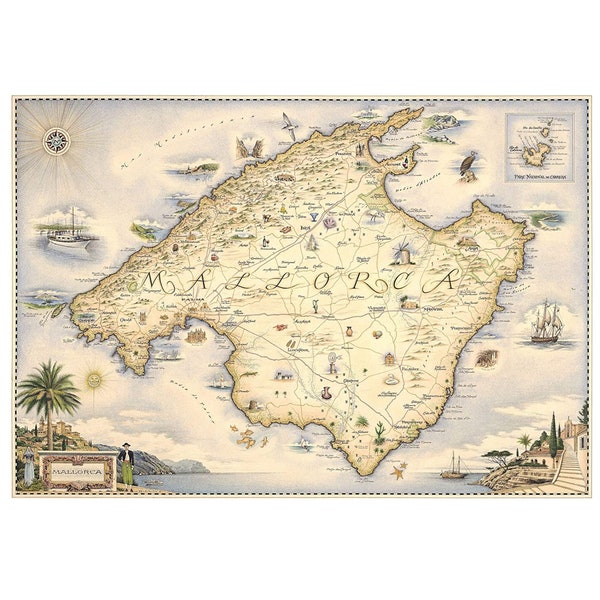 Póster de mapa dibujado a mano de la isla de Mallorca / Auténtico estilo vintage 24x18 / Impresión litográfica con tintas a base de soja / Made in USA / Colores neutros