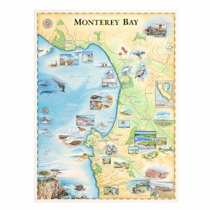 Monterey Bay handgezeichnete Karte Poster | Authentischer 18x24 Lithographie-Druck mit Sojafarben | Hergestellt in den USA