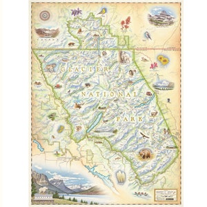 Affiche de carte dessinée à la main du parc national des Glaciers - Art mural authentique de style vintage 18x24 - Impression lithographique avec des encres à base de soja - Made in USA