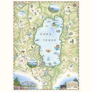 Affiche de carte dessinée à la main du lac Tahoe | Authentique 18x24 - | de style vintage Impression lithographique avec des encres à base de soja | Fabriqué aux États-Unis | Couleurs neutres