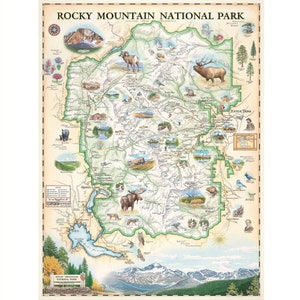 Impression d'art lithographique de carte dessinée à la main du parc national des Montagnes Rocheuses | 18 x 24 cm style vintage | Fabriqué aux États-Unis
