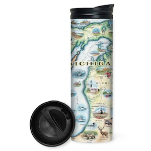Vaso de viaje con tapa antiderrames y mapa del estado de Michigan - Vaso de café de acero inoxidable de doble pared con aislamiento al vacío