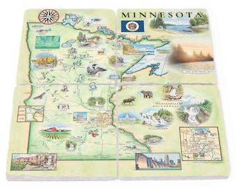 Minnesota State Map Natural Stone Coasters - Set of 4, Made in USA