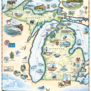 Michigan State Handgezeichnete Karte Poster | Authentischer 18x24-Vintage Style | Lithografischer Druck mit sojabasierten Tinten | Made in USA Neutrale Farben