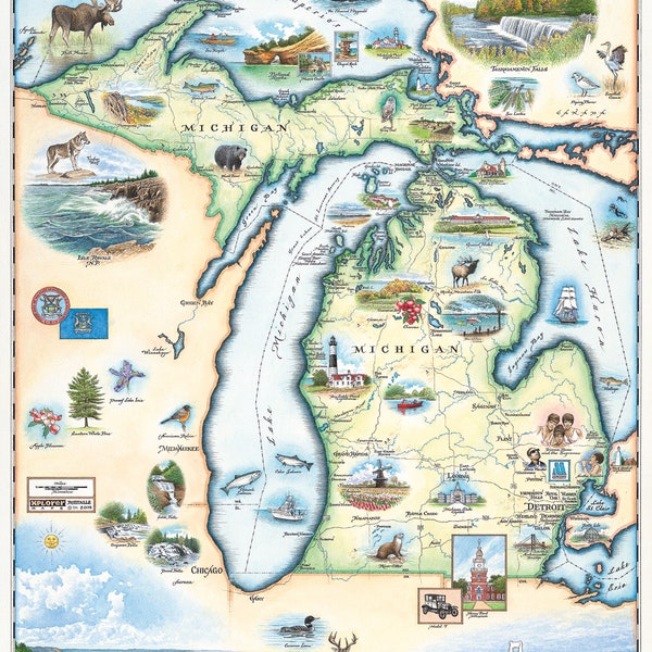 Affiche de carte dessinée à la main de l’État du Michigan | Authentique style 18x24-vintage | Impression lithographique avec des encres à base de soja | Fabriqué aux États-Unis Couleurs neutres