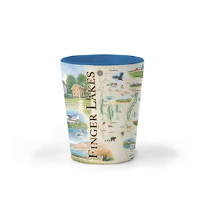 Verre à liqueur en céramique Finger Lakes, New York Map, sans BPA - Pour le bureau, la maison, le cadeau, la fête - Durable et contient 1,5 oz - Bleu