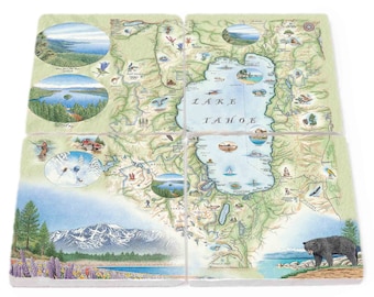 Lake Tahoe Map Natural Stone Coasters - Set of 4, Made in