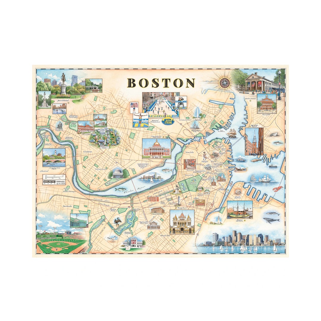 Boston City Hand-drawn Map Poster Authentic 24x18 Vintage-style