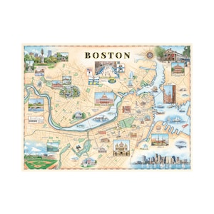 Affiche de carte dessinée à la main de la ville de Boston | Authentique 24x18 - | de style vintage Impression lithographique avec des encres à base de soja | Fabriqué aux États-Unis | Couleurs neutres