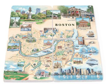 Boston Map Natural Stone Coasters - Set of 4, Made in USA