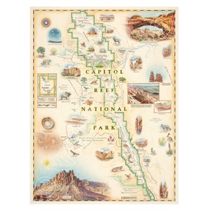 Affiche de carte dessinée à la main du parc national de Capitol Reef | Authentique 18x24 - Style vintage | Impression lithographique | Fabriqué aux États-Unis | Couleurs neutres