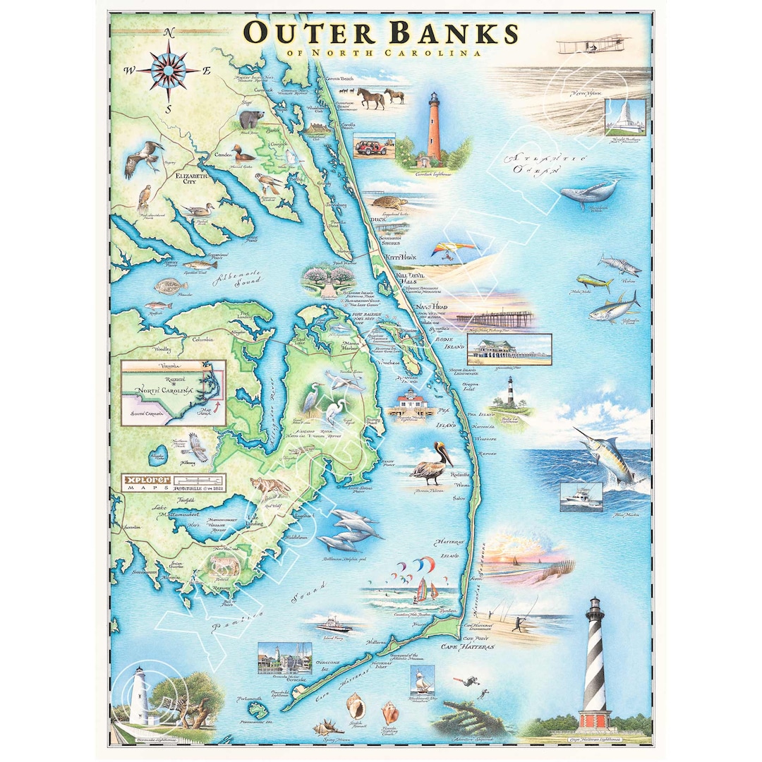 Outer Banks Handdrawn Map Print Authentic 18x24 Soybased Inks Made in
