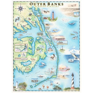 Carte dessinée à la main d'Outer Banks | Authentique 18 x 24 cm - Encres à base de soja | Fabriqué aux États-Unis