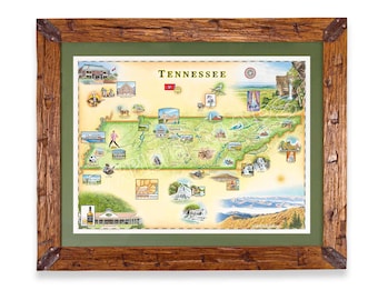 Pode incluir: Um mapa emoldurado do Tennessee, com ilustrações de marcos e atrações. O mapa está sobre um fundo verde e está envolto em uma moldura de madeira rústica com cantos de metal. A palavra "Tennessee" é exibida no topo.