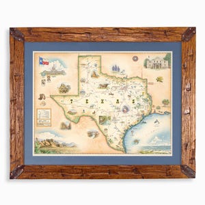 May include: A framed map of Texas featuring illustrations of landmarks, wildlife, and the state flag. The map is centered on a cream background with a blue mat, enclosed in a rustic, weathered brown wooden frame with dark metal corner accents.