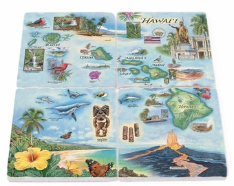 Hawai'i Map Natural Stone Coasters - Set of 4, Made in USA