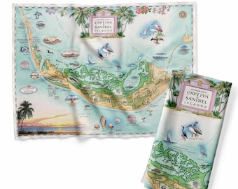 Sanibel & Captiva Islands Map Kitchen Towel - Decorative Flour Sack Tea Towel - 100% Cotton - 18" x 24"