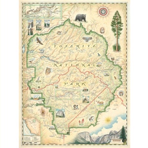 Affiche de carte dessinée à la main du parc national de Yosemite - Art mural authentique de style vintage 18x24 - Impression lithographique avec des encres à base de soja - Made in USA