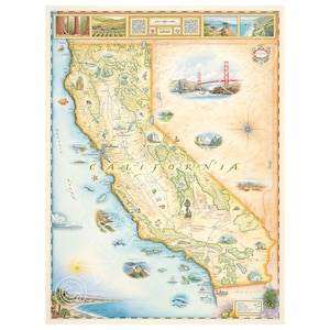 carte dessinée à la main de l'état de Californie | Authentique 18 x 24 pouces - style vintage | Impression lithographique avec des encres à base de soja | Fabriqué aux États-Unis | Couleurs neutres