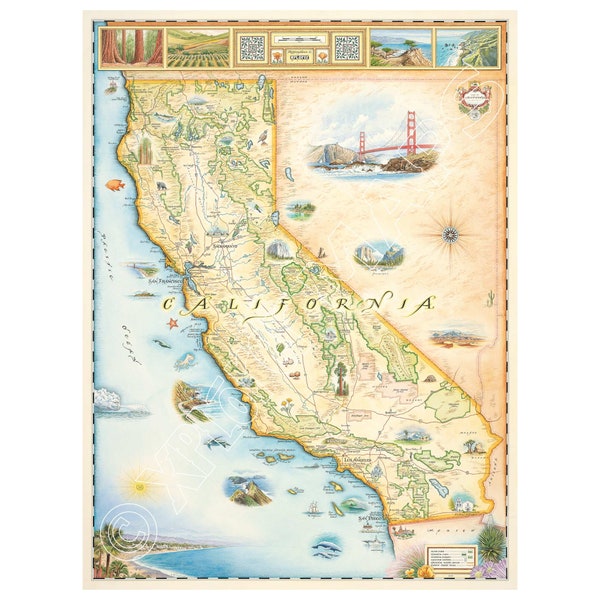 Affiche de carte dessinée à la main de l'État de Californie | Authentique 18 x 24 - Style vintage | Impression lithographique avec des encres à base de soja | Fabriqué aux États-Unis | Couleurs neutres
