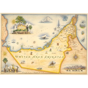 Carte dessinée à la main des Émirats arabes unis | Style vintage authentique 24 x 18 | Impression lithographique avec encres à base de soja | Fabriqué aux États-Unis | Couleurs neutres