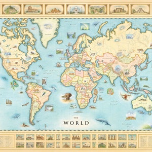 Affiche de carte du monde dessinée à la main - Art mural authentique de style vintage de 32x24 pouces - Impression lithographique avec des encres à base de soja - Made in USA