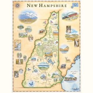 Affiche de carte dessinée à la main de l’État du New Hampshire | Impression lithographique authentique de style vintage 18x24 avec des encres à base de soja| Fabriqué aux États-Unis | Couleurs neutres