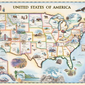 carte dessinée à la main des Etats-Unis | Authentique 24 x 18 - Style vintage | Impression lithographique avec des encres à base de soja | Fabriqué aux États-Unis | Couleurs neutres