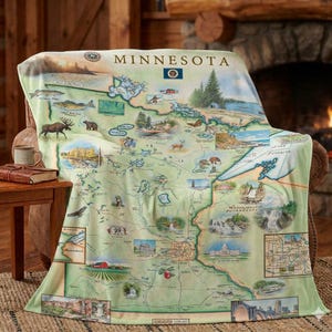Manta con mapa de Minnesota dibujado a mano - Manta artística de Twin Cities - Regalo de vida silvestre de North Woods