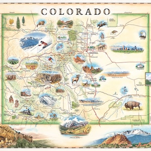 Affiche de carte dessinée à la main de l’État du Colorado | Authentique | de style vintage 24x18 Impression lithographique avec des encres à base de soja | Fabriqué aux États-Unis | Couleurs neutres