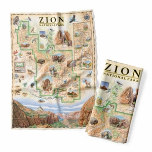 Toalha de cozinha com mapa do Parque Nacional de Zion - Pano de prato decorativo de saco de farinha - 100% algodão - 18" x 24"