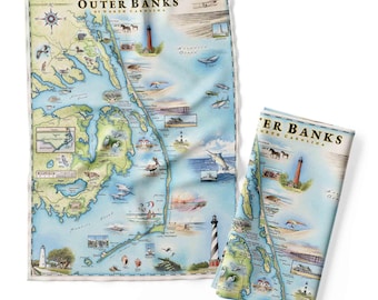 Paño de cocina con mapa de Outer Banks - Paño de cocina decorativo de tela de saco - 100% algodón - 45,7 cm x 60,9 cm