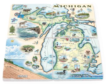 Michigan Map Natural Stone Coasters - Set of 4, Made in USA