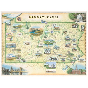 Impression d'art lithographique de carte dessinée à la main de Pennsylvanie | 24 x 18 pouces style vintage | Fabriqué aux États-Unis