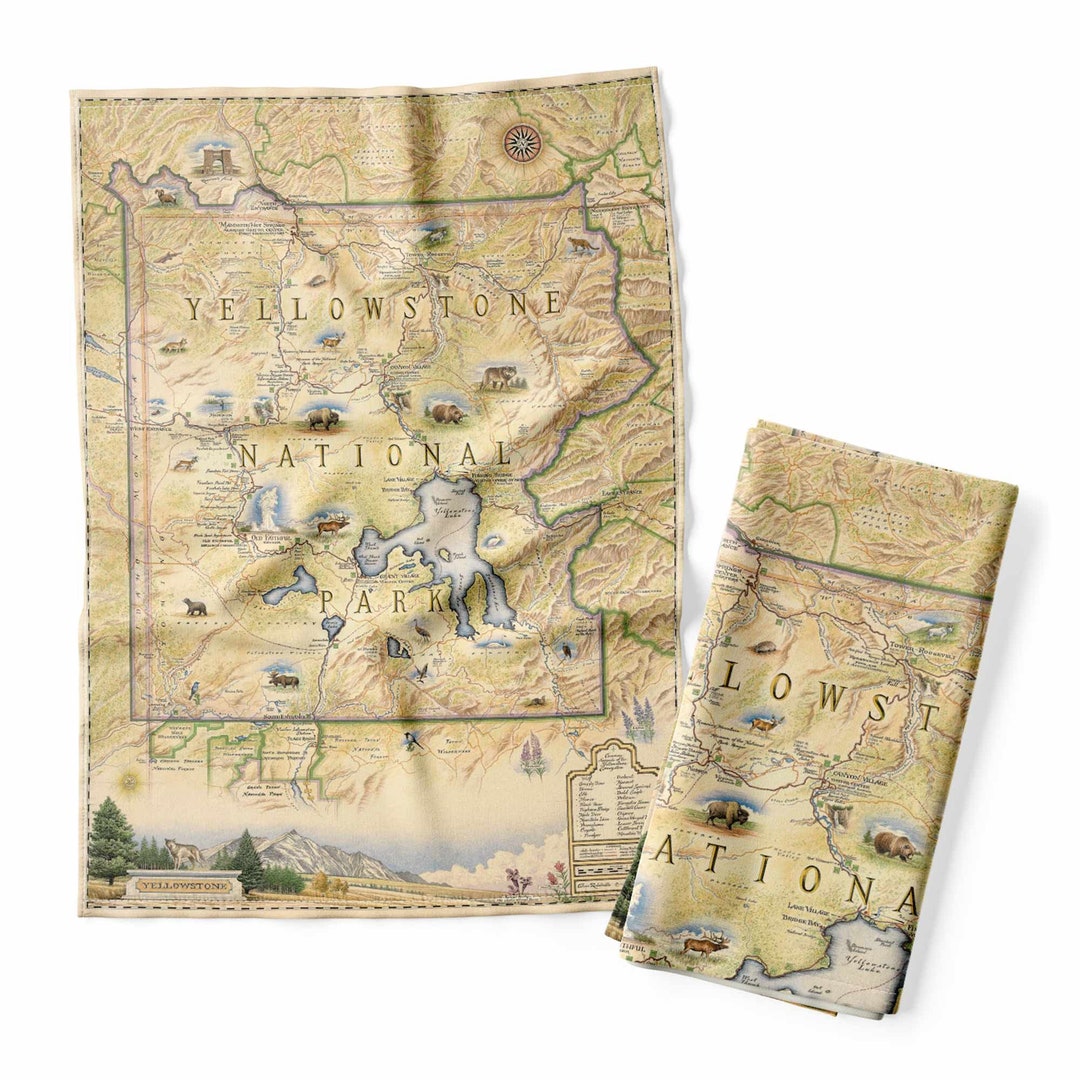 Yellowstone National Park Map Kitchen Towel Decorative Flour Sack Tea