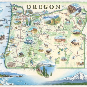 Impression d'art lithographique de carte dessinée à la main de l'état de l'Oregon | 24 x 18 pouces style vintage | Fabriqué aux États-Unis