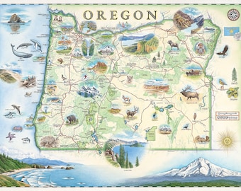 Impression d&#39;art lithographique de carte dessinée à la main de l&#39;état de l&#39;Oregon | 24 x 18 pouces style vintage | Fabriqué aux États-Unis
